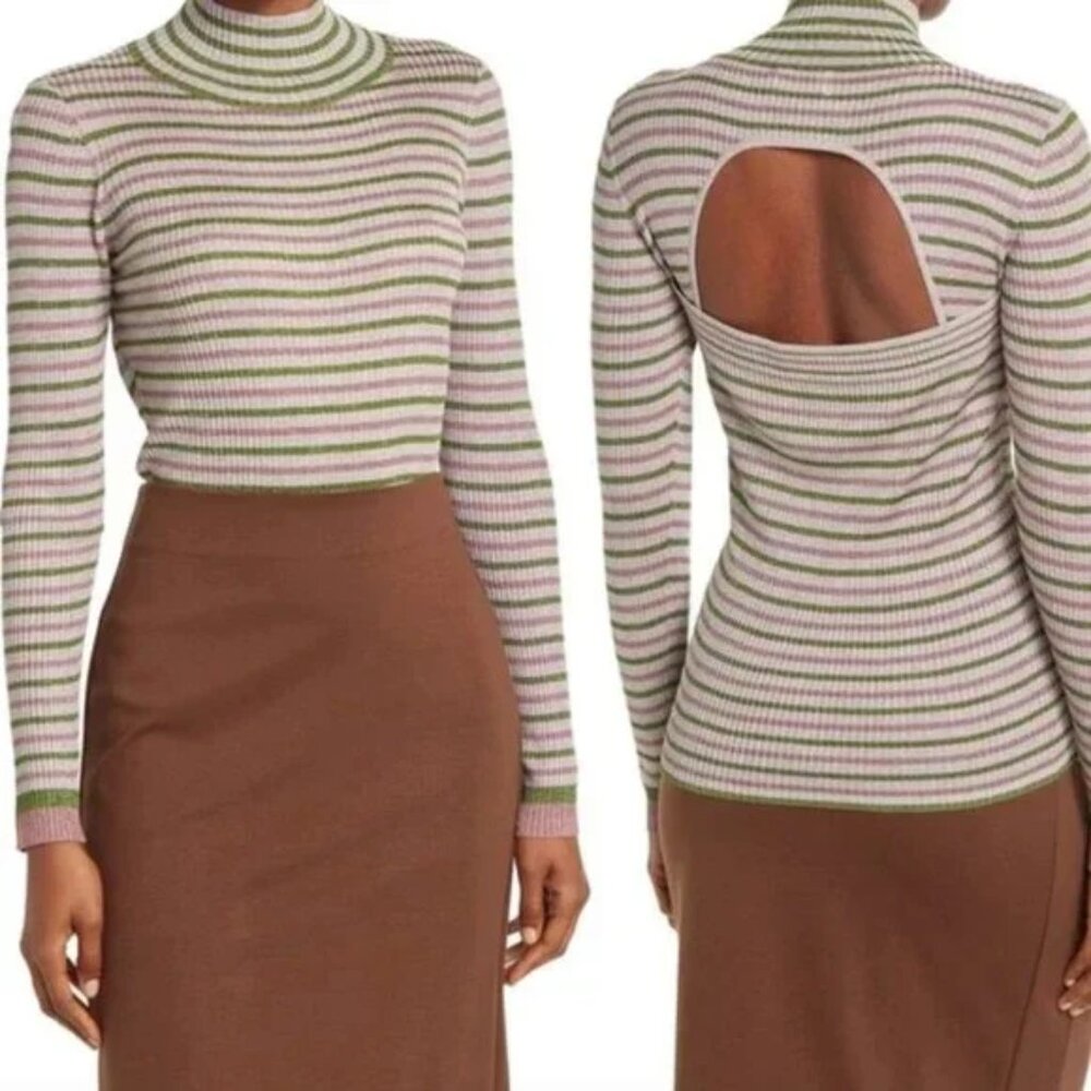 TANYA TAYLOR Carsten Metallic Striped Ribbed Open Back Turtleneck sweater, Small